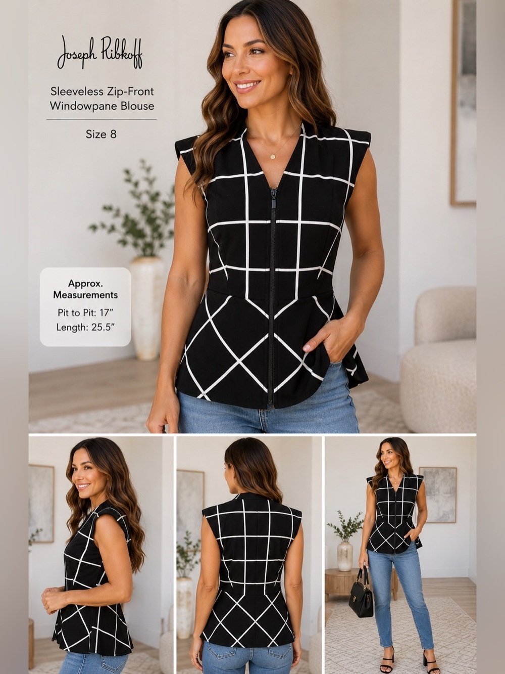Joseph Ribkoff Zip Front Windowpane Peplum Blouse Made in Canada Sz 8